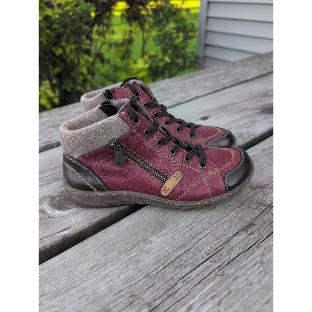 Remonte Dorndorf EU 38 US 7 Wine Black Trim Leather Zip Ankle Bootie Laced EUC